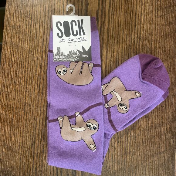Sock It To Me Womens Knee High Socks New Sloth Animal Print Purple Brown - Picture 1 of 5